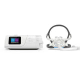 Side view of the AirFit F40 mask next to a ResMed AirCurve 11 machine for scale