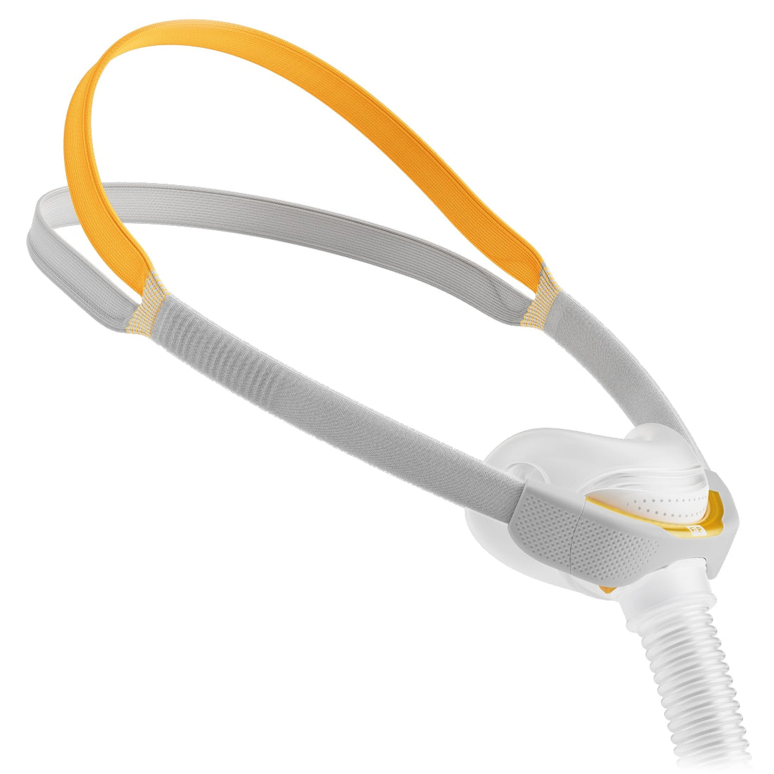 Angled view of the Fisher and Paykel Solo Nasal Pillow Mask with gold top strap and gray headgear