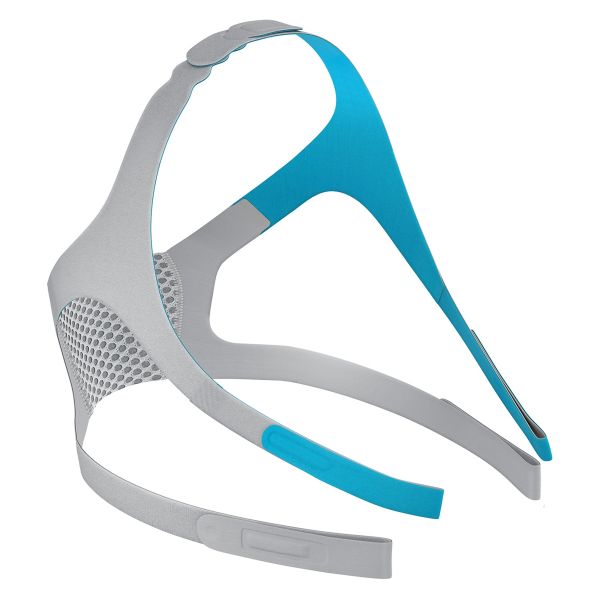 Fisher and Paykel Evora Full Face replacement headgear shown from the side with its clips and frame clip attached