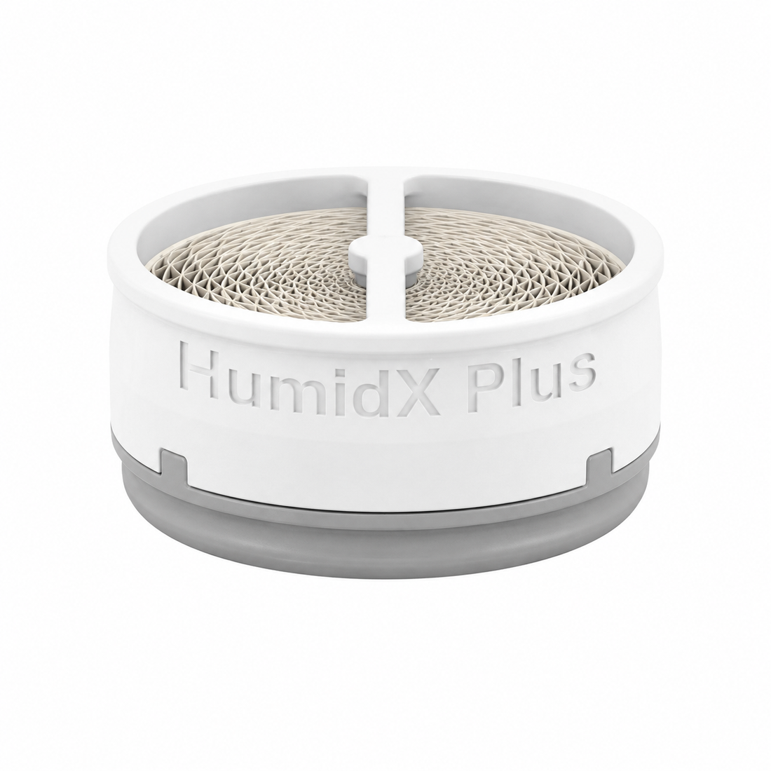 Single ResMed HumidX Plus cartridge level on white, gray base ring and the mesh exchange core visible