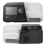 Front and rear views of the React Health Luna G3, showing the screen, control knob, air outlet and rear ports