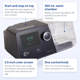 React Health Luna G3 callout diagram: 3.5 inch color screen, control knob, start button and 360 mL water chamber