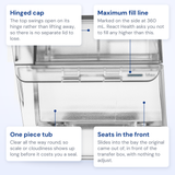 Callout diagram of the Luna G3 water chamber labelling the hinged cap, the 360 mL maximum fill line, the clear one piece tub and how it seats in the machine