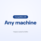 Compatibility infographic: this mask works with any CPAP or BiPAP machine, with an adapter needed for the AirMini