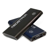 Two Medistrom Pilot Flex batteries, one charcoal and one dark navy, one turned to show its port face