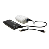 The Medistrom Pilot Flex connected to a ResMed AirMini with the output cable and short charging adapter alongside