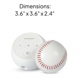 The Transcend Micro beside a baseball for scale, at 3.6 by 3.6 by 2.4 inches