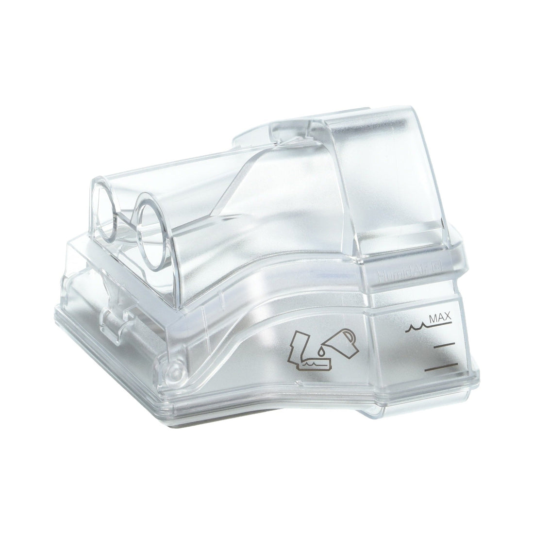 ResMed HumidAir reusable water tub closed, angled product view showing the molded HumidAir C mark