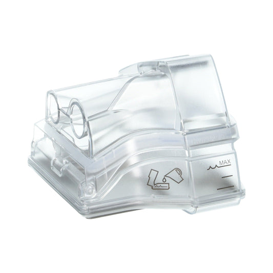 ResMed HumidAir reusable water tub closed, angled product view showing the molded HumidAir C mark