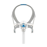 Complete ResMed AirFit N20 nasal mask with blue headgear, frame and the silicone nasal cushion fitted in place