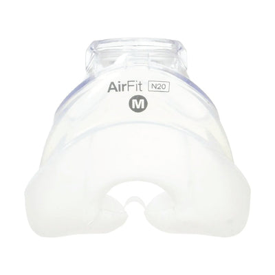 Front view of the ResMed AirFit N20 Medium nasal cushion, with the AirFit N20 name and M size printed