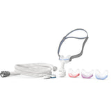 Kit flat lay: assembled AirFit N30 mask, AirMini tube, HumidX and HumidX Plus cartridges, and three cushion sizes
