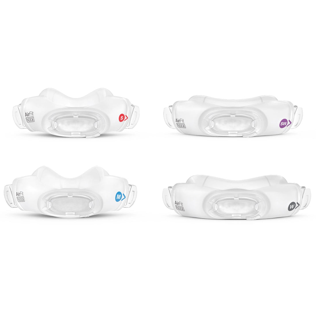 All four ResMed AirFit N30i cradle cushion sizes side by side from the front, each with its size marker