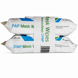 Two NovoSleep CPAP Mask Wipes pouches bundled together with a paper band showing the barcode and wipe count