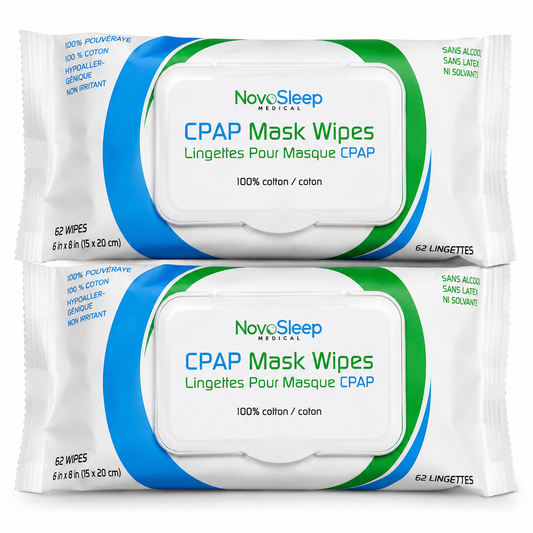 Two NovoSleep CPAP Mask Wipes pouches stacked, front label showing 100% cotton, alcohol-free and 62 wipes per pouch