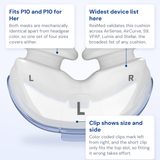 ResMed AirFit P10 nasal pillows cushion callout diagram showing the color-coded key clip and shared P10 for Her fit