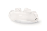 Angled view from below of a Medium DreamWear silicone pillows cushion, showing both tips and the vented sealing base