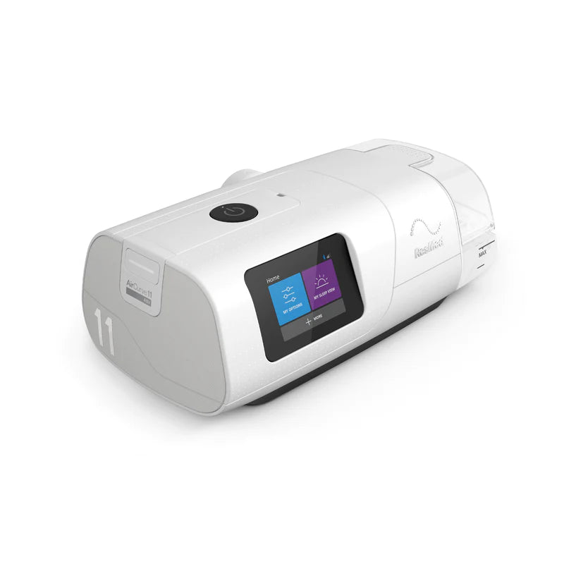 Angled view of the ResMed AirCurve 11 VAuto, showing the touchscreen and the clear HumidAir 11 water chamber