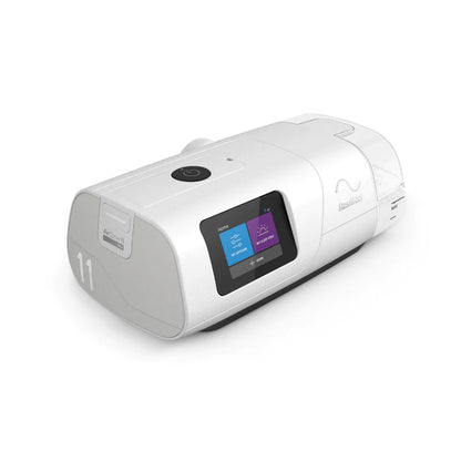 Angled view of the ResMed AirCurve 11 VAuto, showing the touchscreen and the clear HumidAir 11 water chamber