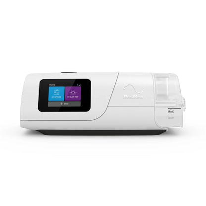 ResMed AirCurve 11 VAuto bilevel machine on a white background, color touchscreen and water chamber visible