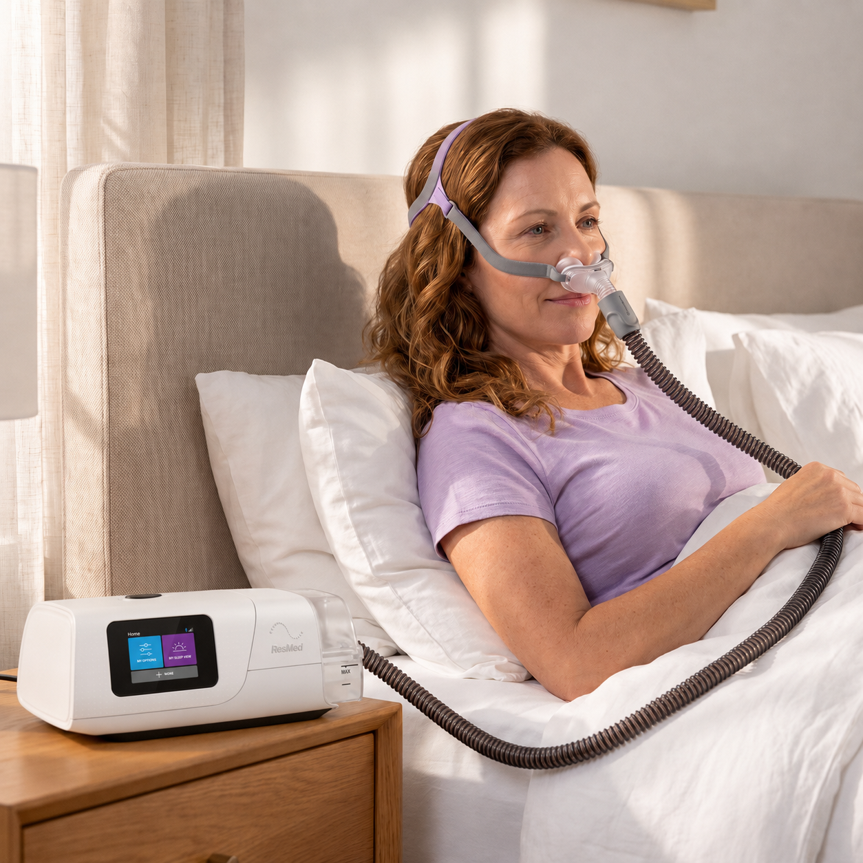 A woman awake in bed wearing a nasal mask, with the AirCurve 11 VAuto on the nightstand
