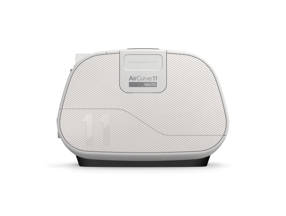 Side profile of the ResMed AirCurve 11 VAuto with the AirCurve 11 VAuto badge on the panel