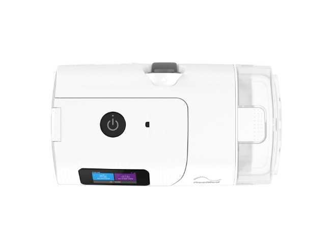 Top-down view of the ResMed AirCurve 11 VAuto with the water chamber seated in the side of the housing