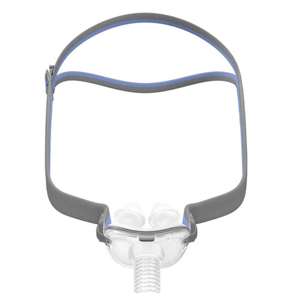 ResMed AirFit P10 nasal pillow mask front view showing the frame, split-strap headgear and short tube