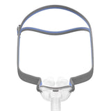 ResMed AirFit P10 nasal pillow mask front view showing the frame, split-strap headgear and short tube
