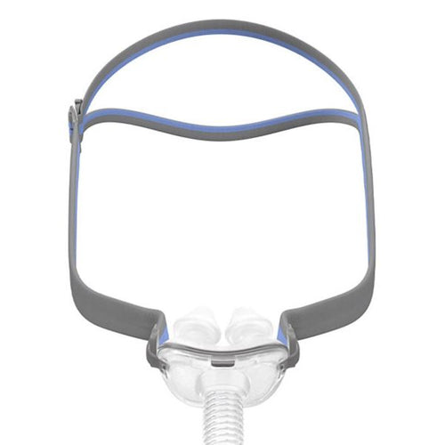 ResMed AirFit P10 nasal pillow mask front view showing the frame, split-strap headgear and short tube