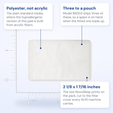 Callout diagram of the NovoSleep standard filter pad, labelling its polyester media, three per pouch and 2 1/8 by 1 7/16 inch size