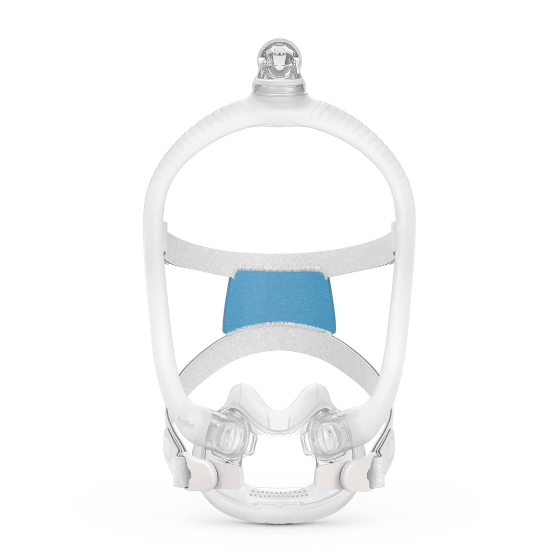 Front view of the ResMed AirFit F30i full face mask showing the crown elbow, SpringFit frame and UltraCompact cushion