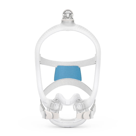 Front view of the ResMed AirFit F30i full face mask showing the crown elbow, SpringFit frame and UltraCompact cushion