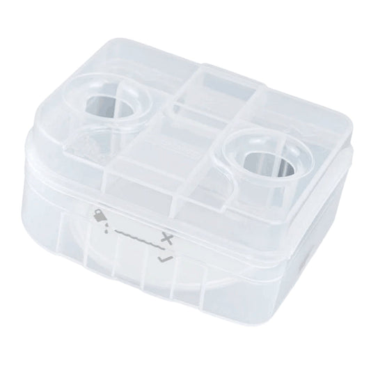 Fisher and Paykel SleepStyle water chamber on white, front corner view with the lid closed