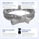 ResMed SlimLine tube callout diagram showing the coil, both cuffs and compatible machines