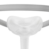 Close view of the Solo nasal cushion and its vent holes seen straight on from the front