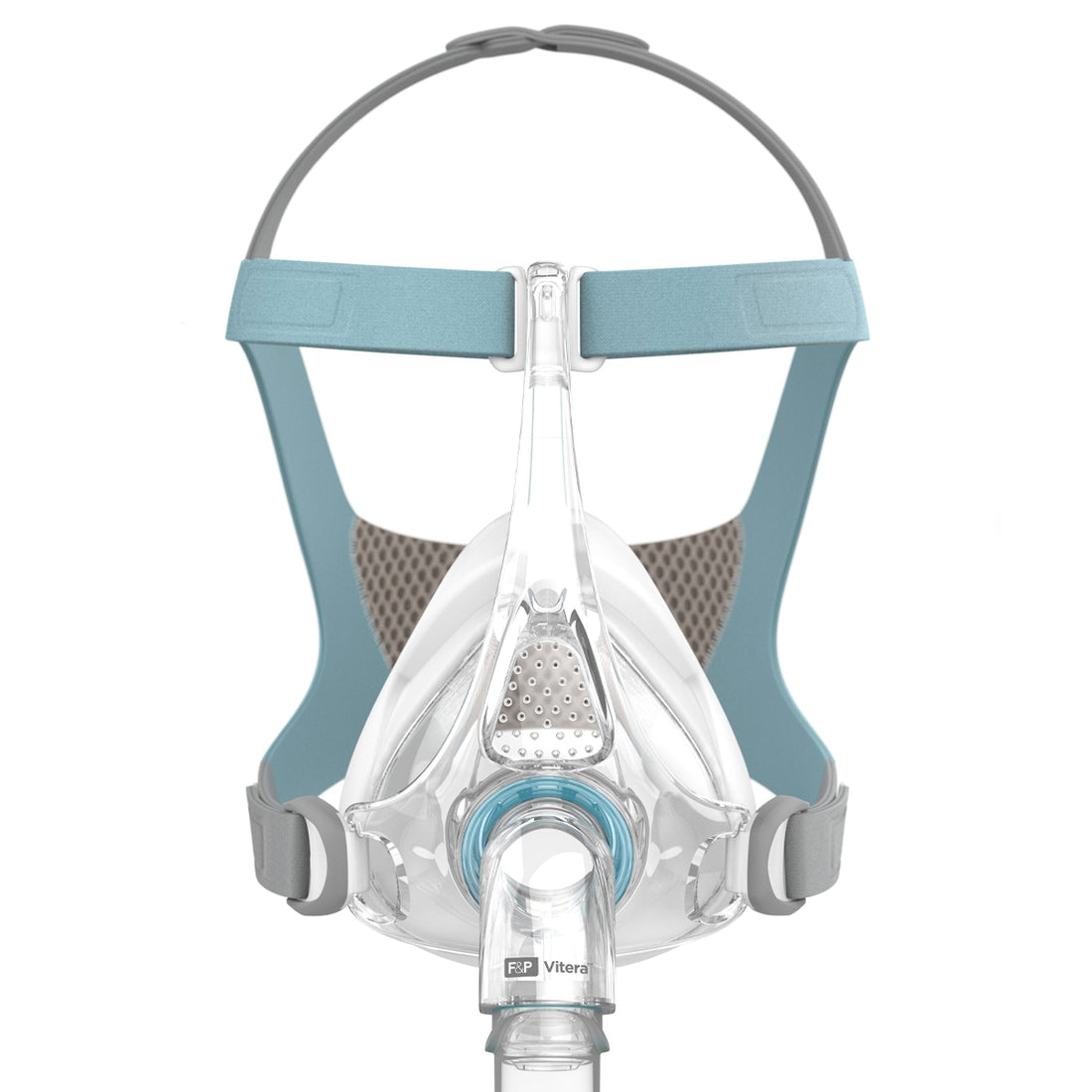 Front view of the Fisher and Paykel Vitera full face mask with teal Stability Bar headgear and RollFit XT seal