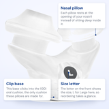 ResMed AirFit X30i nasal pillows cushion callout diagram labeling the nasal pillow, size letter and clip base