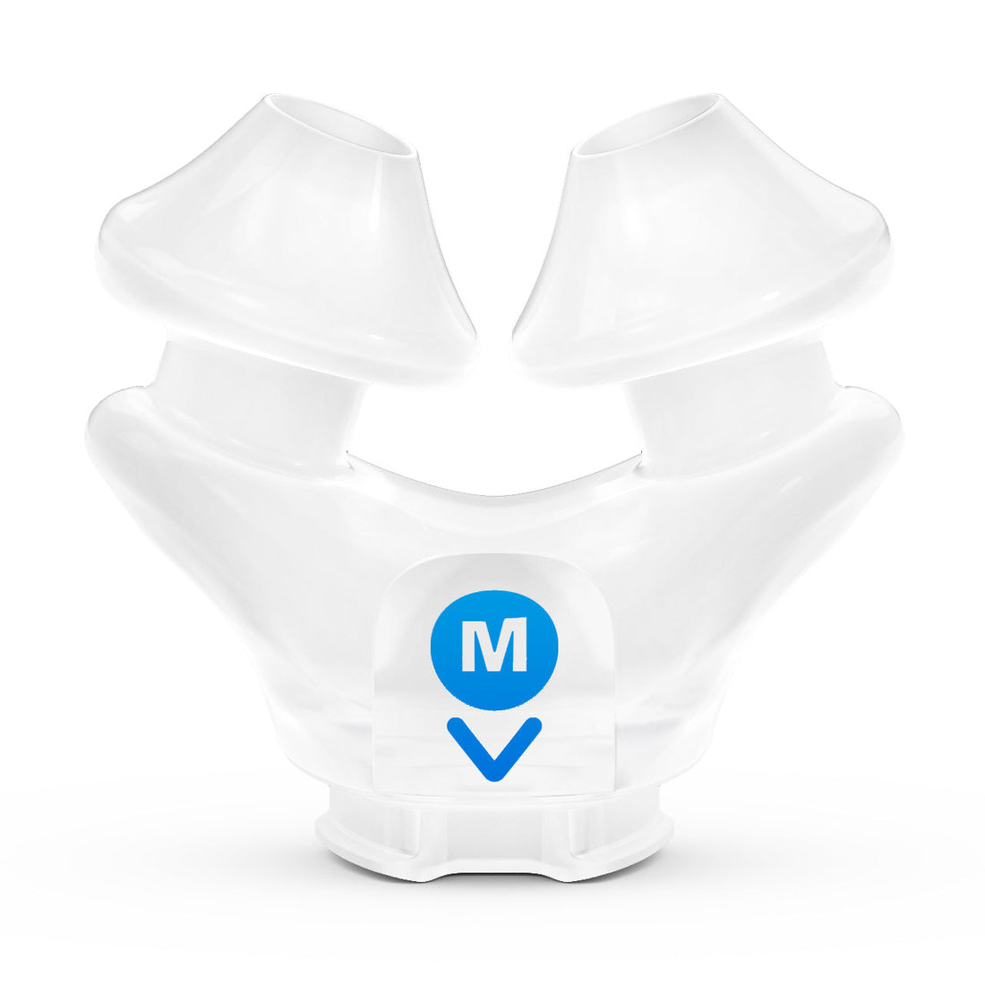 Front view of the ResMed AirFit X30i Medium silicone nasal pillows cushion, both pillows and the blue M marker