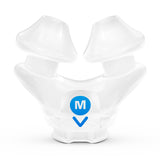 Front view of the ResMed AirFit X30i Medium silicone nasal pillows cushion, both pillows and the blue M marker