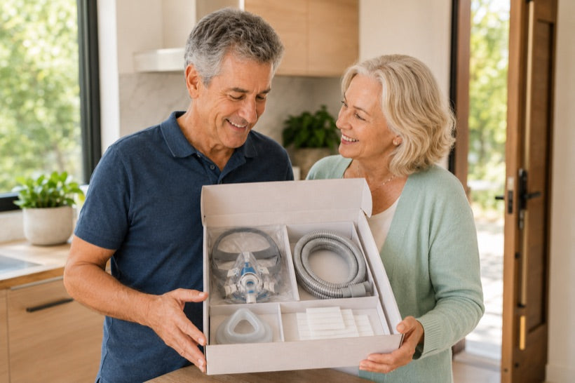 A couple with a box of fresh CPAP supplies