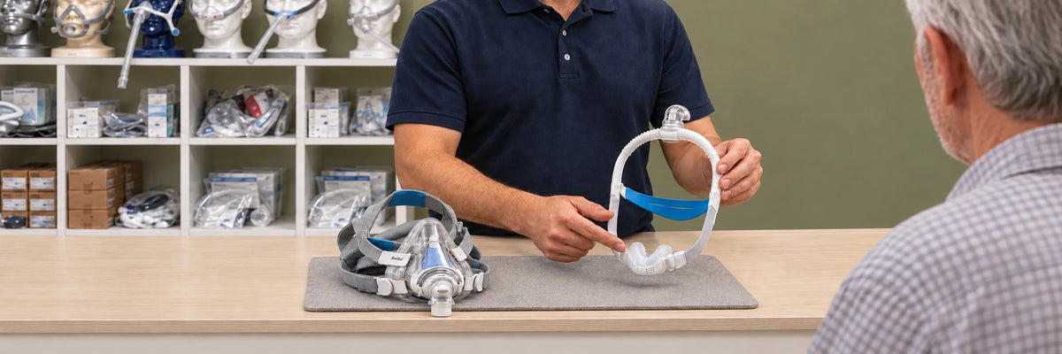 HME Medical team member showing a customer two ResMed masks at the store counter.
