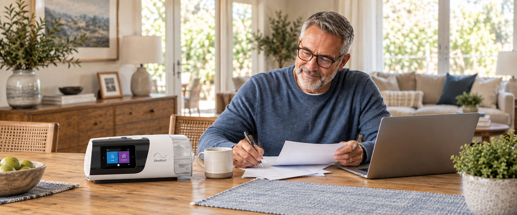 Man at his kitchen table filling out an insurance claim form next to his CPAP machine